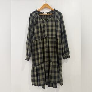 Beachlunchlounge Green Cotton Buffalo Plaid Long Sleeve Dress Large